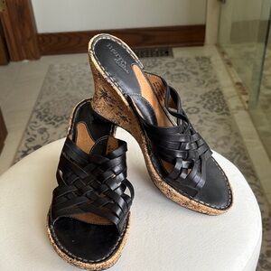Born Black Woven Leather Cork Wedge Mules